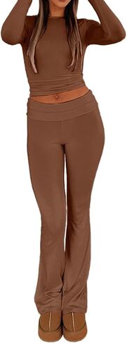 Hafailia Womens Casual Soft Flare Leggings Slim Fit Fold Over Waist Lounge Yoga Pants in Kuwait