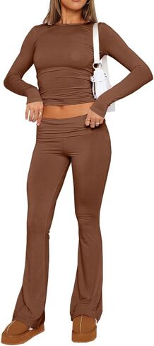 Hafailia Womens Casual Soft Flare Leggings Slim Fit Fold Over Waist Lounge Yoga Pants in Kuwait