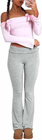 Hafailia Womens Casual Soft Flare Leggings Slim Fit Fold Over Waist Lounge Yoga Pants in Kuwait