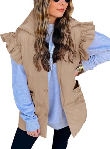 Meyhad Womens Ruffle Sleeve Puffer Vest Padded Gilet Jacket Sleeveless Quilted Outwear Coat in Saudi Arabia