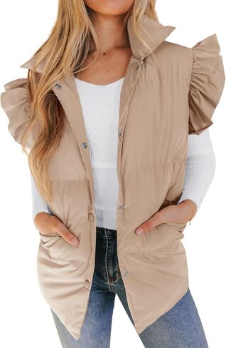 Meyhad Womens Ruffle Sleeve Puffer Vest Padded Gilet Jacket Sleeveless Quilted Outwear Coat in Saudi Arabia