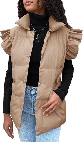 Meyhad Womens Ruffle Sleeve Puffer Vest Padded Gilet Jacket Sleeveless Quilted Outwear Coat in Saudi Arabia