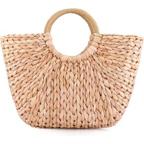 EROUGE Natural Chic Straw Bag Hand Woven Round Handle Handbags Retro Summer Beach Bag Beach Bag