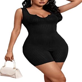 Await Blooms Women's Sleeveless Tank Top Short Jumpsuit Bodycon Ribbed Knit Deep V Neck Shorts Rompers Clubwear