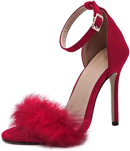 Women's Open Toe Ankle Strap Fluffy Feather Stiletto High Heel Dress Sandal in Kuwait