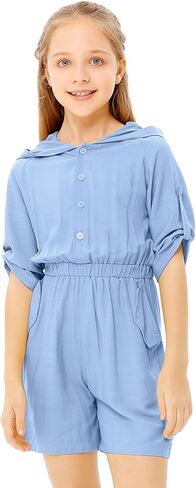 LIONJIE Girls Summer Short Sleeve Hoodies Romper Jumpsuit with Side Pockets, Baby Girls One Piece Jumpsuits for 3-12 Years in Saudi Arabia