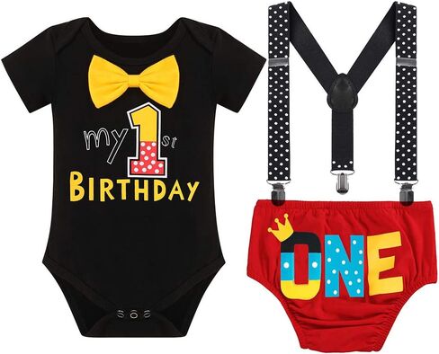 IBTOM CASTLE 1/2 / First Birthday Outfit for Baby Boy Cake Smash Mouse Wild One Party Clothes Set Suspenders Bowtie Costumes in Saudi Arabia