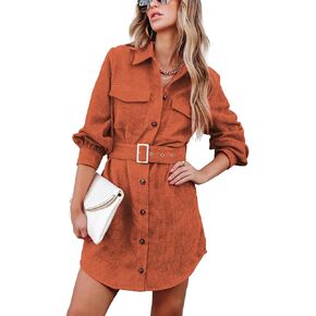 RAISECOM Womens Corduroy Dress Shacket Jacket Shirts Lapel Long Sleeve Belted Casual Fall Winter Button Down Dress Pocket