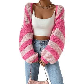 GORGLITTER Women's Color Block Striped Bolero Shrug Sweater Long Sleeve Open Front Crop Cardigan Top Outerwear