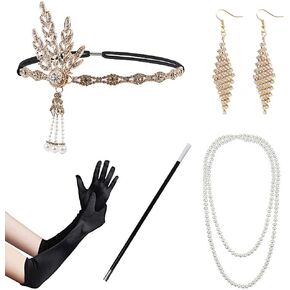 XMGBJYTQ 1920s-Gatsby-Flapper-Headpiece Costume Accessories Set 20s Flapper-Headband Pearl Necklace Gloves Accessories in Saudi Arabia