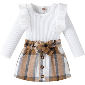 LYQTloml Toddler Girl Outfits Fall Winter Clothes Knitted Cotton Solid Color Ruffle Long Sleeves Tops+ Mini Skirts Set in Kuwait