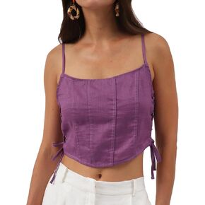 Amazhiyu Womens Pure Linen Crop Corset Top Summer Casual Floral Lace Up Bustier in Kuwait