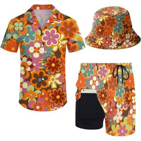 VUGOTU Men's 2 Piece Tracksuit 80s 90s Outfit Button Down 80s Shirts and Shorts Sets with Bucket Hats in Saudi Arabia
