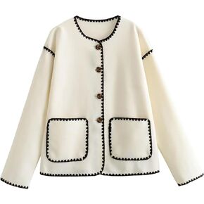 Yeokou Women Wool Blend Jacket Contrast Color Crew Neck Button Down Cardigan Coat Casual Outwear with Pockets in Kuwait