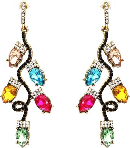 Christmas Earrings for Women Girls Colorful Crystal Bulb Candy Cane Bow Dangle Earrings Holiday Christmas Gift Xmas Light Earrings Jewelry in Kuwait