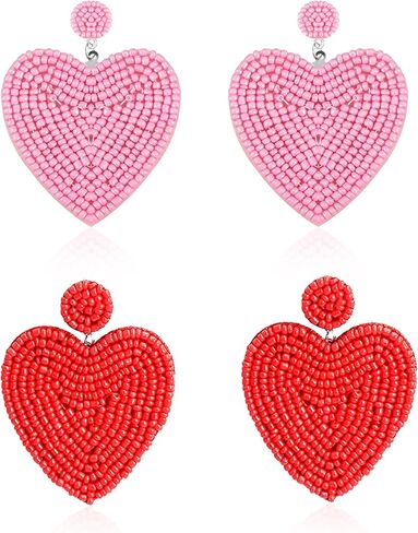 Just Follow 2 Pairs Red Pink Beaded Drop Earrings Handmade Seed Bead Heart Hoop Dangle Earrings Bohemia Statement Earring Studs for Women Girls in Saudi Arabia