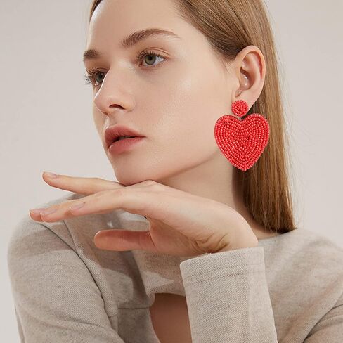 Just Follow 2 Pairs Red Pink Beaded Drop Earrings Handmade Seed Bead Heart Hoop Dangle Earrings Bohemia Statement Earring Studs for Women Girls in Saudi Arabia