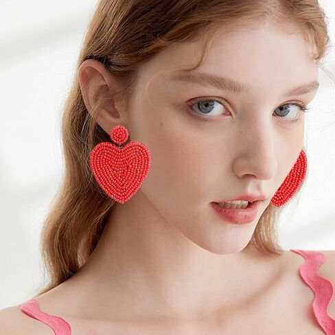 Just Follow 2 Pairs Red Pink Beaded Drop Earrings Handmade Seed Bead Heart Hoop Dangle Earrings Bohemia Statement Earring Studs for Women Girls in Saudi Arabia