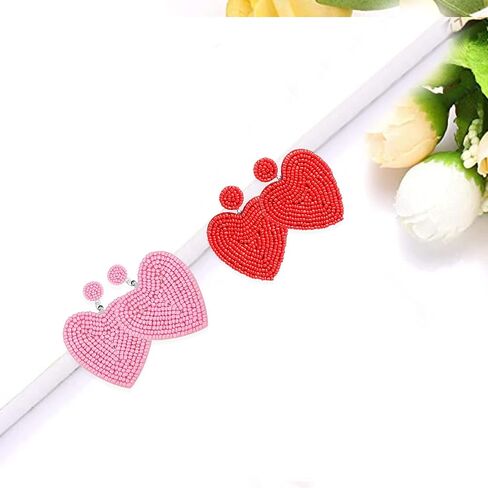 Just Follow 2 Pairs Red Pink Beaded Drop Earrings Handmade Seed Bead Heart Hoop Dangle Earrings Bohemia Statement Earring Studs for Women Girls in Saudi Arabia