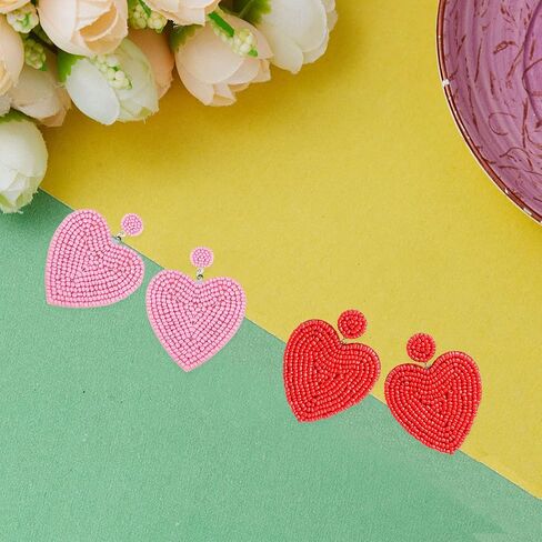 Just Follow 2 Pairs Red Pink Beaded Drop Earrings Handmade Seed Bead Heart Hoop Dangle Earrings Bohemia Statement Earring Studs for Women Girls in Saudi Arabia