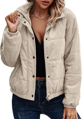Angashion Women's Bomber Jacket Corduroy Ribbed Quilted Zip Up Long Sleeve Winter Coat Fall Outerwear Tops with Pockets in Kuwait