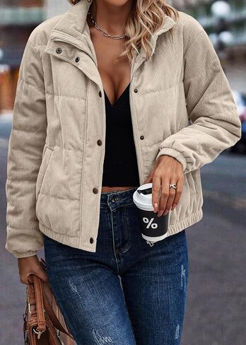 Angashion Women's Bomber Jacket Corduroy Ribbed Quilted Zip Up Long Sleeve Winter Coat Fall Outerwear Tops with Pockets in Kuwait