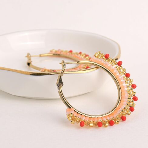 Agriajun Handmade Boho Beaded Large Gold Hoop Earrings for Women Girls, Statement Colorful Handwoven Bohemian Seed Beads Huggie Earrings Cartilage Hypoallergenic Prom Holiday Jewelry Gift in Saudi Arabia