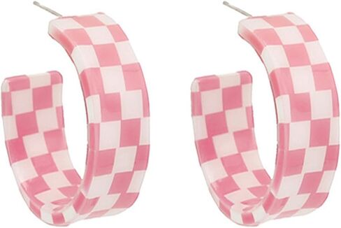 Checkerboard Hoop Earrings for Women Teen Girls Sterling Silver Post Hypoallergenic Retro Simple Colorful Acrylic Resin Checker Black White Grid Lightweight Open C shaped Earrings for 70s 80s 90s Party Jewelry Gifts in Saudi Arabia