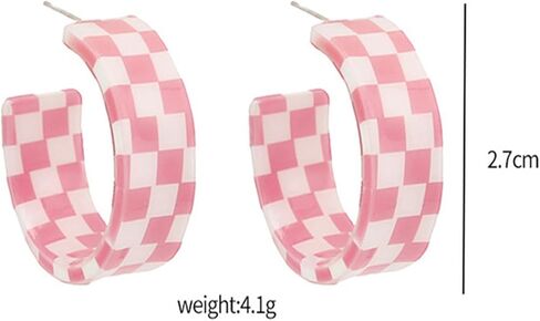 Checkerboard Hoop Earrings for Women Teen Girls Sterling Silver Post Hypoallergenic Retro Simple Colorful Acrylic Resin Checker Black White Grid Lightweight Open C shaped Earrings for 70s 80s 90s Party Jewelry Gifts in Saudi Arabia