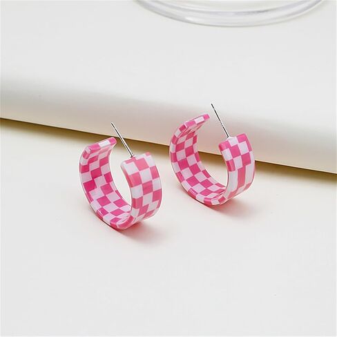 Checkerboard Hoop Earrings for Women Teen Girls Sterling Silver Post Hypoallergenic Retro Simple Colorful Acrylic Resin Checker Black White Grid Lightweight Open C shaped Earrings for 70s 80s 90s Party Jewelry Gifts in Saudi Arabia
