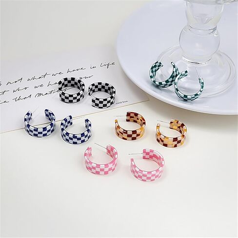 Checkerboard Hoop Earrings for Women Teen Girls Sterling Silver Post Hypoallergenic Retro Simple Colorful Acrylic Resin Checker Black White Grid Lightweight Open C shaped Earrings for 70s 80s 90s Party Jewelry Gifts in Saudi Arabia