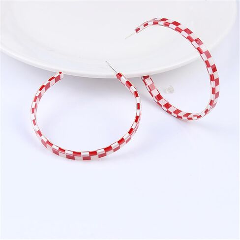 Checkerboard Hoop Earrings for Women Teen Girls Sterling Silver Post Hypoallergenic Retro Simple Colorful Acrylic Resin Checker Black White Grid Lightweight Open C shaped Earrings for 70s 80s 90s Party Jewelry Gifts in Saudi Arabia