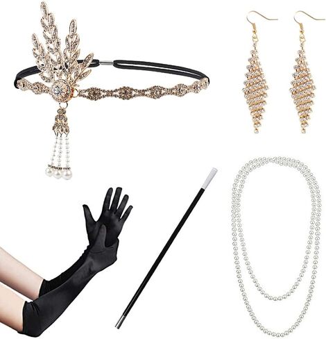 XMGBJYTQ 1920s-Gatsby-Flapper-Headpiece Costume Accessories Set 20s Flapper-Headband Pearl Necklace Gloves Accessories in Saudi Arabia