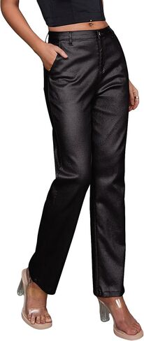 MakeMeChic Women's Faux Leather Pants High Waisted PU Leather Straight Leg Tapered Pants in Kuwait