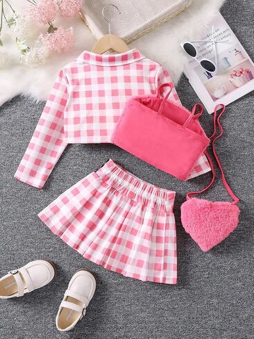 Floerns Girls 3 Piece Fuzzy Cami Top Long Sleeve Shirt Skater Skirts Set with Bag in Saudi Arabia