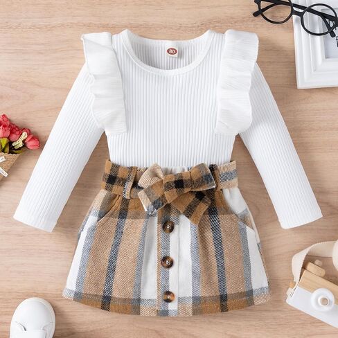LYQTloml Toddler Girl Outfits Fall Winter Clothes Knitted Cotton Solid Color Ruffle Long Sleeves Tops+ Mini Skirts Set in Kuwait