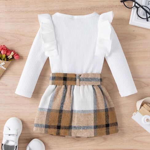 LYQTloml Toddler Girl Outfits Fall Winter Clothes Knitted Cotton Solid Color Ruffle Long Sleeves Tops+ Mini Skirts Set in Kuwait
