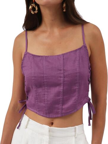 Amazhiyu Womens Pure Linen Crop Corset Top Summer Casual Floral Lace Up Bustier in Kuwait