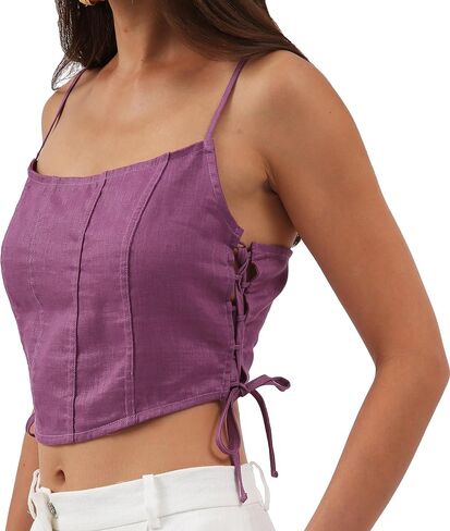 Amazhiyu Womens Pure Linen Crop Corset Top Summer Casual Floral Lace Up Bustier in Kuwait