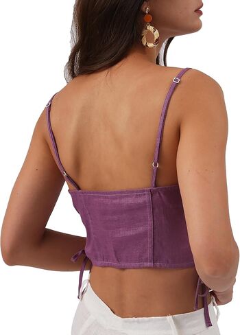 Amazhiyu Womens Pure Linen Crop Corset Top Summer Casual Floral Lace Up Bustier in Kuwait