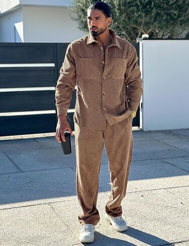 Men's 2 Piece Outfits Corduroy Casual Long Sleeve Shirt Pant Sets Fall Fashion Tracksuits in Saudi Arabia