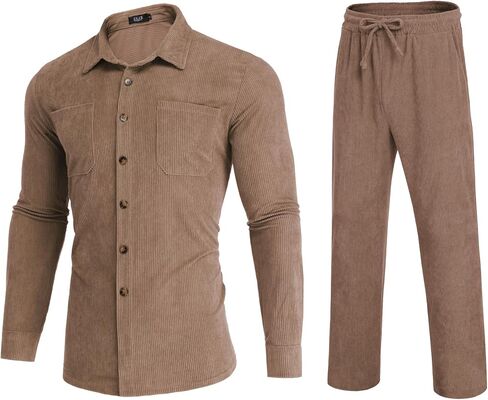 Men's 2 Piece Outfits Corduroy Casual Long Sleeve Shirt Pant Sets Fall Fashion Tracksuits in Saudi Arabia
