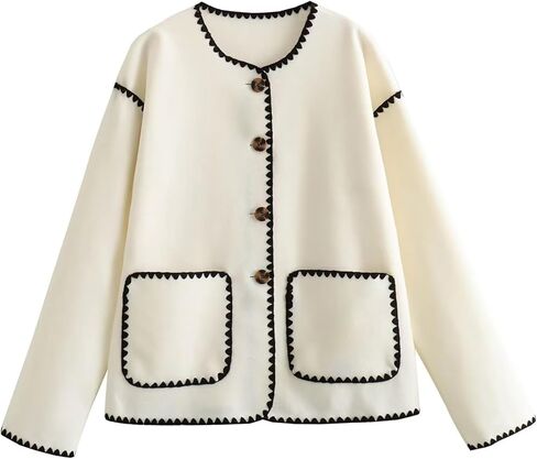 Yeokou Women Wool Blend Jacket Contrast Color Crew Neck Button Down Cardigan Coat Casual Outwear with Pockets in Kuwait