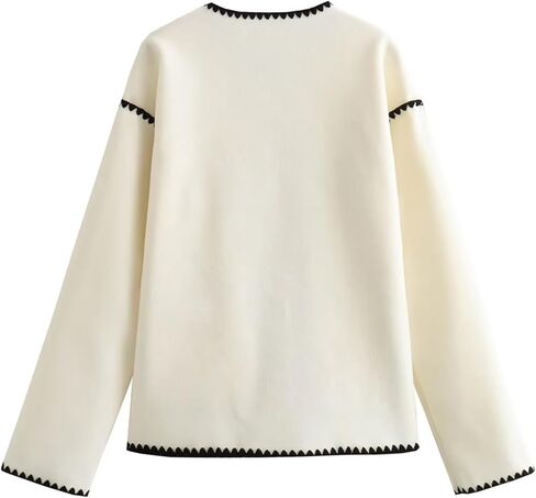 Yeokou Women Wool Blend Jacket Contrast Color Crew Neck Button Down Cardigan Coat Casual Outwear with Pockets in Kuwait