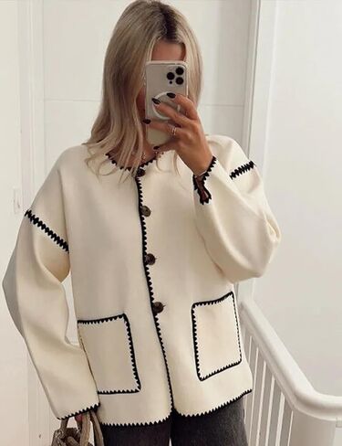 Yeokou Women Wool Blend Jacket Contrast Color Crew Neck Button Down Cardigan Coat Casual Outwear with Pockets in Kuwait