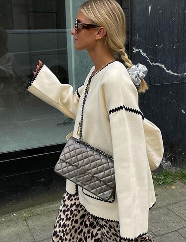 Yeokou Women Wool Blend Jacket Contrast Color Crew Neck Button Down Cardigan Coat Casual Outwear with Pockets in Kuwait