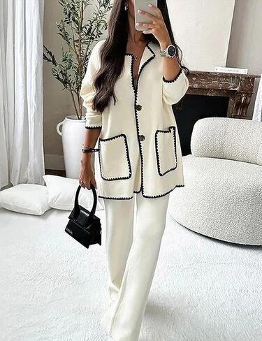 Yeokou Women Wool Blend Jacket Contrast Color Crew Neck Button Down Cardigan Coat Casual Outwear with Pockets in Kuwait