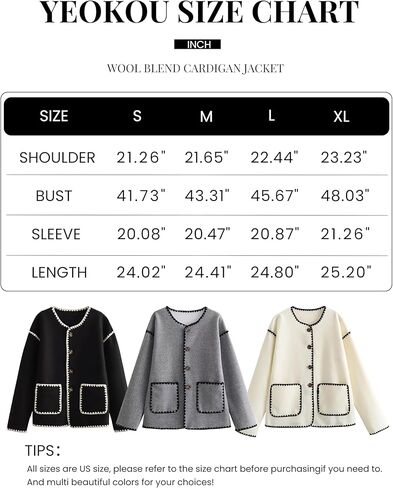 Yeokou Women Wool Blend Jacket Contrast Color Crew Neck Button Down Cardigan Coat Casual Outwear with Pockets in Kuwait