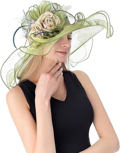 قبعة Kentucky Derby Church Dress للنساء من RZTA، قبعة استحمام ذات حافة واسعة وأوراق شجر على شكل زهرة in Kuwait