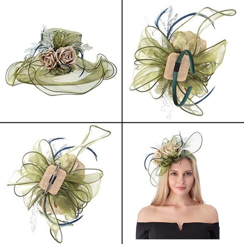 قبعة Kentucky Derby Church Dress للنساء من RZTA، قبعة استحمام ذات حافة واسعة وأوراق شجر على شكل زهرة in Kuwait